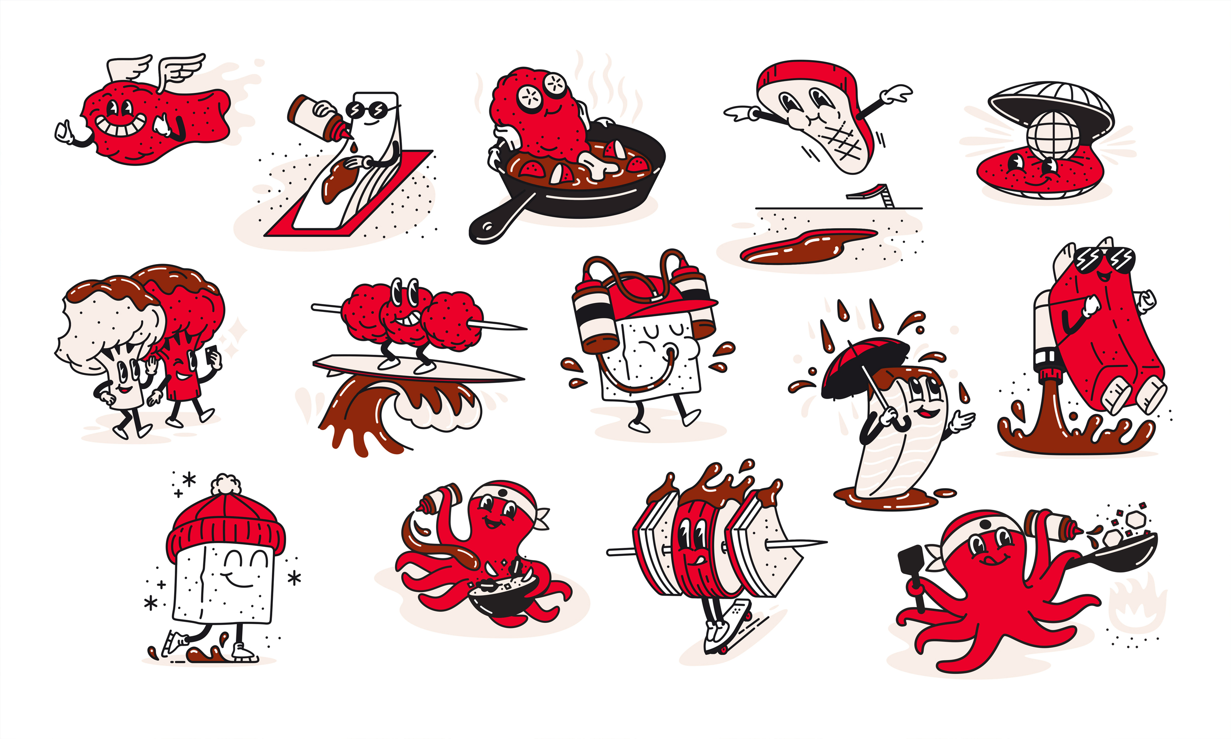 Bachan's character illustrations by Stout SF — octopus mascot front and center
