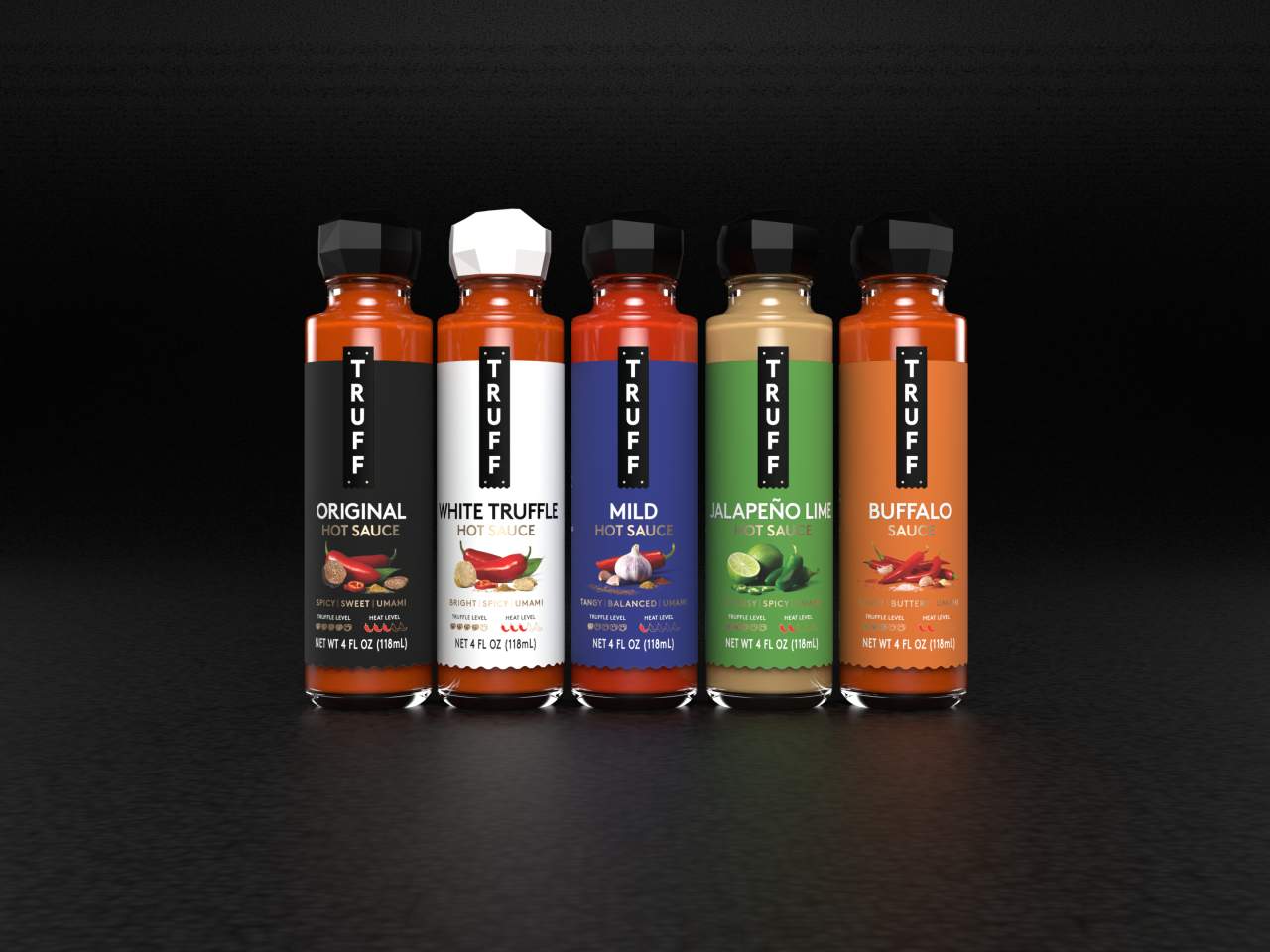TRUFF lineup — matte black bottles breaking hot sauce conventions
