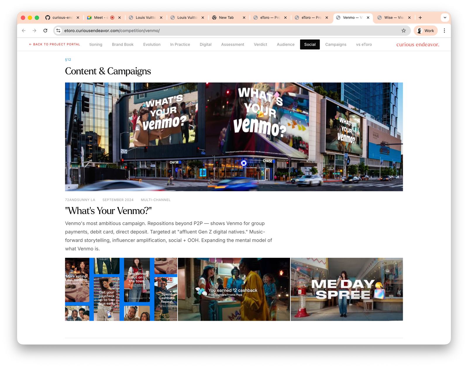Venmo — social and campaigns section with 'What's Your Venmo?' campaign