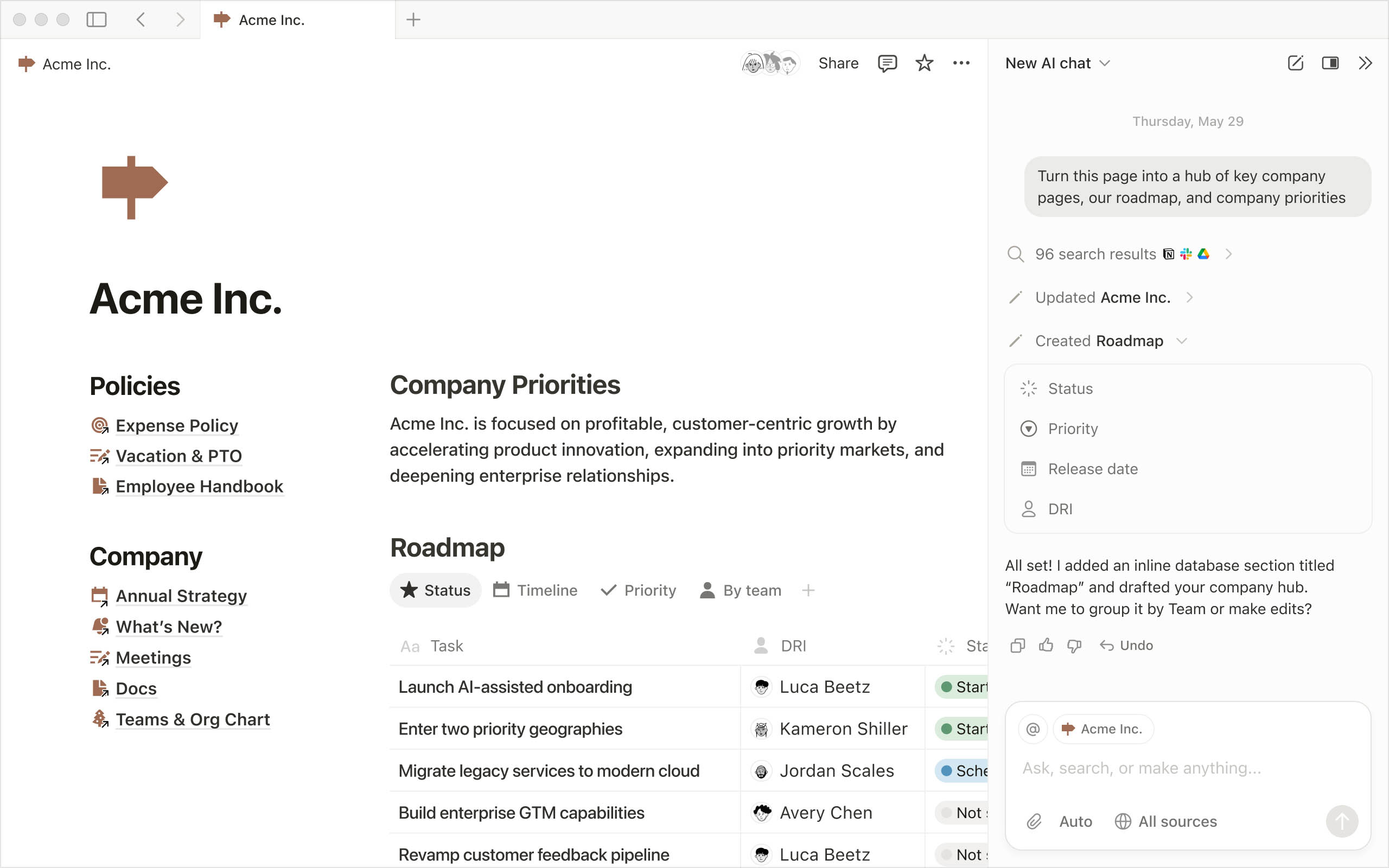 Notion — product UI with AI panel 2024