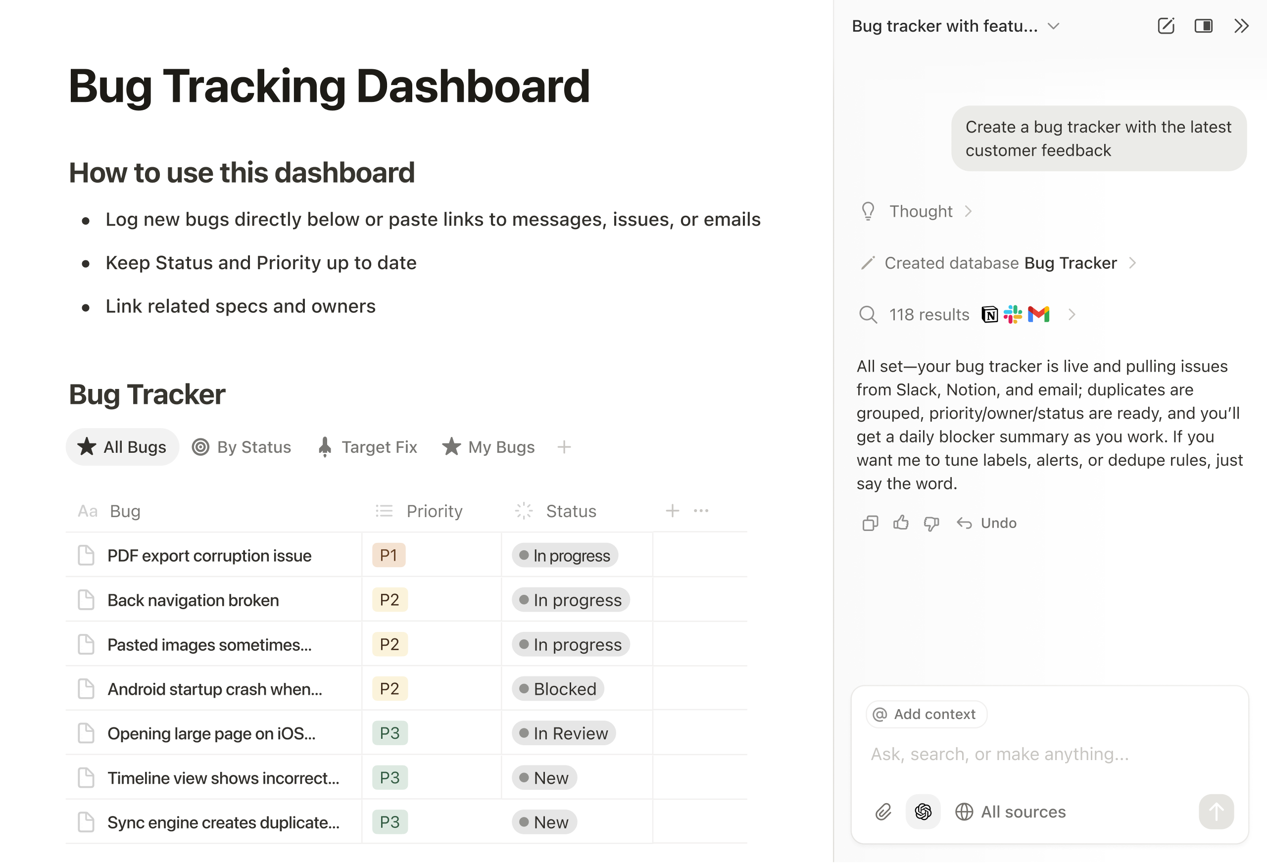 Notion — bug tracker database with AI integration